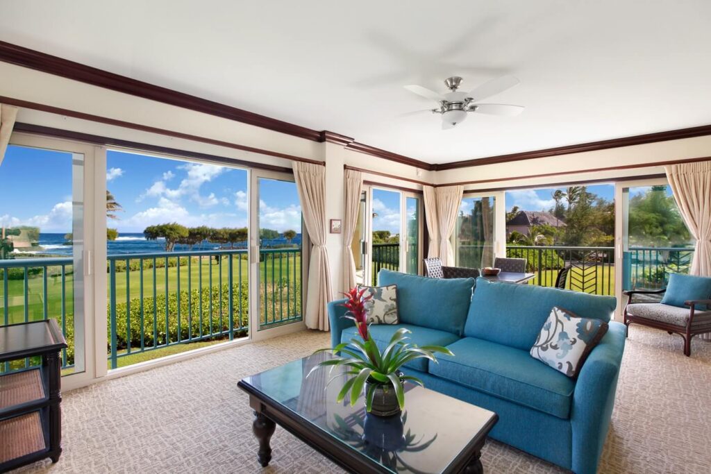 Kauai Beachfront Restaurants The living room area of a Kauai vacation rental near beachfront restaurants.