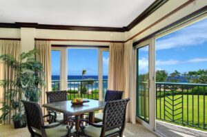 Top Attractions in Kauai The dining area of a condo rental in Kauai near top attractions on the East Side.